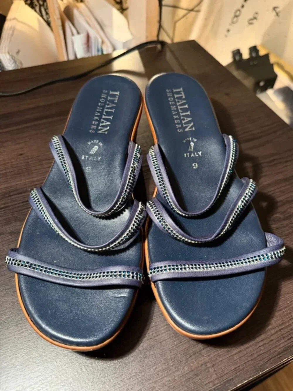Navy Blue and Tan Chunky Platform Italian Shoemakers Sandals